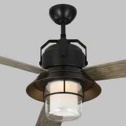 Boynton 54 in. LED Indoor/Outdoor Antique Bronze Ceiling Fan with Light Grey Weathered Oak Blades, Light Kit and Remote by Monte Carlo -Justice Design Sales antique bronze with light grey weathered oak blades monte carlo ceiling fans with lights 3btr54anbzd d4 1000