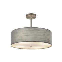 Textile Classic 3-Light Brushed Nickel Drum Pendant with Gray Linen Fabric Shade by Justice Design