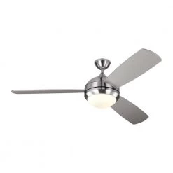 Discus Trio Max 58 in. Integrated LED Indoor/Outdoor Brushed Steel Ceiling Fan with Reversible Blades and Remote Control by Monte Carlo -Justice Design Sales brushed steel monte carlo ceiling fans with lights 3dir58bsd v1 c3 1000