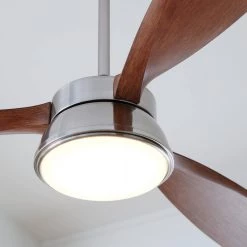 Destin 57 in. Integrated LED Indoor/Outdoor Brushed Steel Ceiling Fan with Koa Blades and Remote Control by Monte Carlo -Justice Design Sales brushed steel with koa blades monte carlo ceiling fans with lights 3dstr57bsd 1d 1000