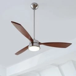 Destin 57 in. Integrated LED Indoor/Outdoor Brushed Steel Ceiling Fan with Koa Blades and Remote Control by Monte Carlo -Justice Design Sales brushed steel with koa blades monte carlo ceiling fans with lights 3dstr57bsd 40 1000