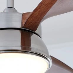 Destin 57 in. Integrated LED Indoor/Outdoor Brushed Steel Ceiling Fan with Koa Blades and Remote Control by Monte Carlo -Justice Design Sales brushed steel with koa blades monte carlo ceiling fans with lights 3dstr57bsd 76 1000