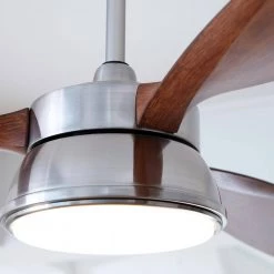 Destin 57 in. Integrated LED Indoor/Outdoor Brushed Steel Ceiling Fan with Koa Blades and Remote Control by Monte Carlo -Justice Design Sales brushed steel with koa blades monte carlo ceiling fans with lights 3dstr57bsd a0 1000