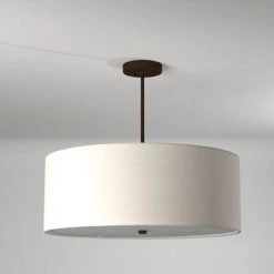 Textile Classic 6-Light Dark Bronze Drum Pendant with White Linen Fabric Shade by Justice Design -Justice Design Sales dark bronze justice design chandeliers fab 9592 whte dbrz 1f 1000