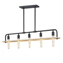 Eco Loft 5-Light Matte Black Island Chandelier with Natural Wood Shade by Justice Design