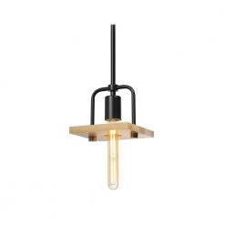 Eco Loft 1-Light Matte Black Mini-Pendant with Natural Wood Shade by Justice Design