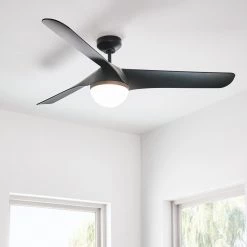 Akova 56 in. Integrated LED Indoor/Outdoor Matte Black Ceiling Fan with Light Kit, DC Motor and 3-Speed Remote Control by Monte Carlo -Justice Design Sales matte black monte carlo ceiling fans with lights 3akr56bkd 40 1000