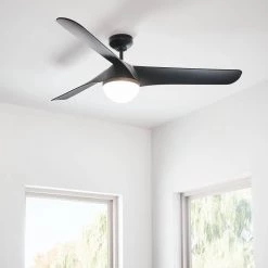 Akova 56 in. Integrated LED Indoor/Outdoor Matte Black Ceiling Fan with Light Kit, DC Motor and 3-Speed Remote Control by Monte Carlo -Justice Design Sales matte black monte carlo ceiling fans with lights 3akr56bkd d4 1000
