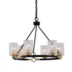 6-Light Matte Black Chandelier Integrated LED with Brass Accents, Seeded by Justice Design
