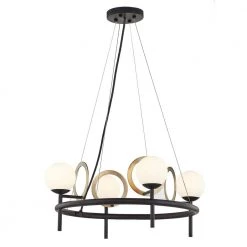Fusion Halo 4-Light Matte Black Chandelier with Brass Ring Opal Glass Shade by Justice Design