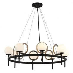 Fusion Halo 8-Light Matte Black Wagon Wheel Chandelier with Brass Ring Opal Glass Shade by Justice Design