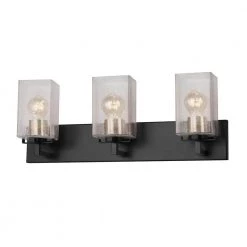 Fusion Vice 24 in. 3-Light Matte Black and Brass Socket Cover Vanity Light with Seeded Glass Shade by Justice Design