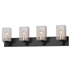 Fusion Vice 33.5 in. 4-Light Matte Black and Brass Socket Cover Vanity Light Bar with Seeded Glass Shade by Justice Design