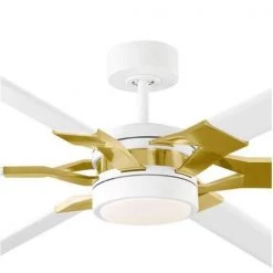 Loft 62 in. Integrated LED Indoor/Outdoor Matte White with Burnished Brass Ceiling Fan with Light Kit and Remote Control by Monte Carlo -Justice Design Sales matte white with burnished brass monte carlo ceiling fans with lights 6lfr62rzwbbsd c3 1000