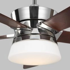 Atlantic 56 in. Integrated LED Indoor Polished Nickel Ceiling Fan with Dark Walnut blades and Remote Control by Monte Carlo -Justice Design Sales polished nickel with dark walnut blades monte carlo ceiling fans with lights 5atr56pnd 1f 1000
